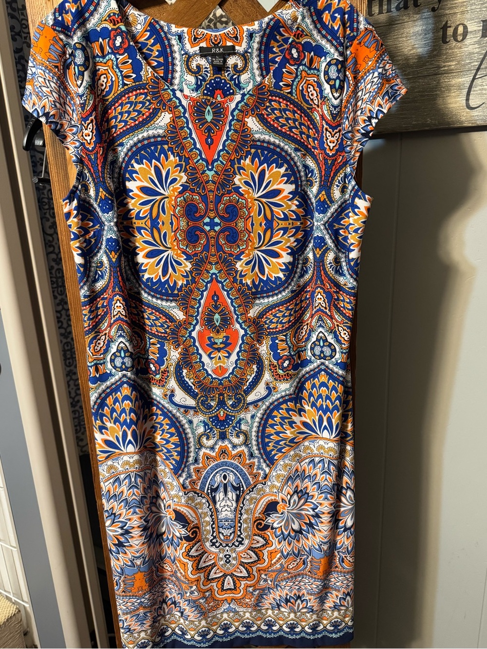 R&K Orange and Navy Paisley Midi Sheath Dress